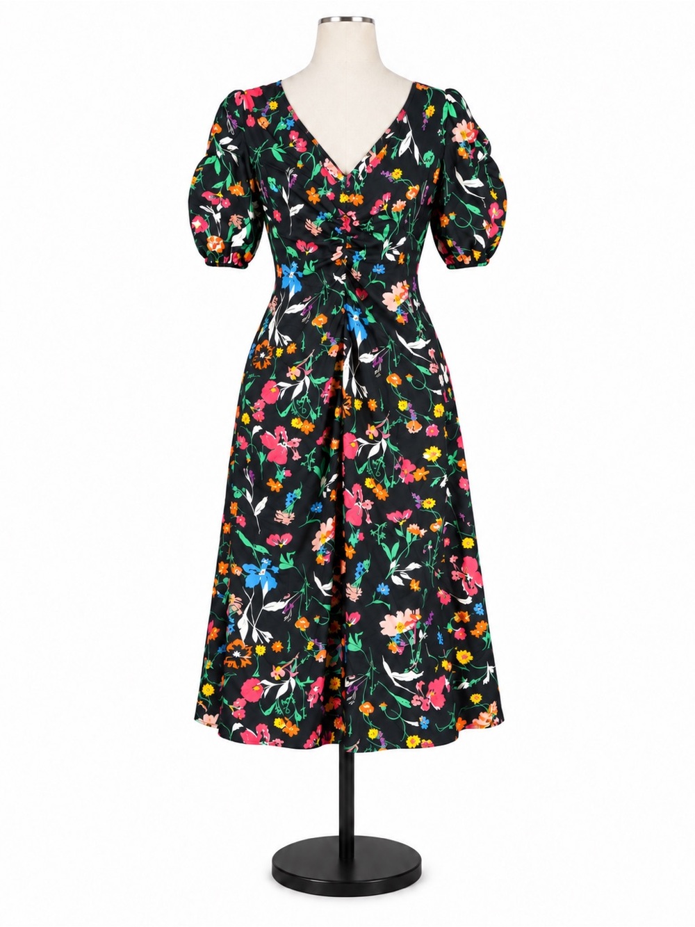 A New Day Black Floral Puff Sleeve Midi Dress Women’s Large NWT Rayon